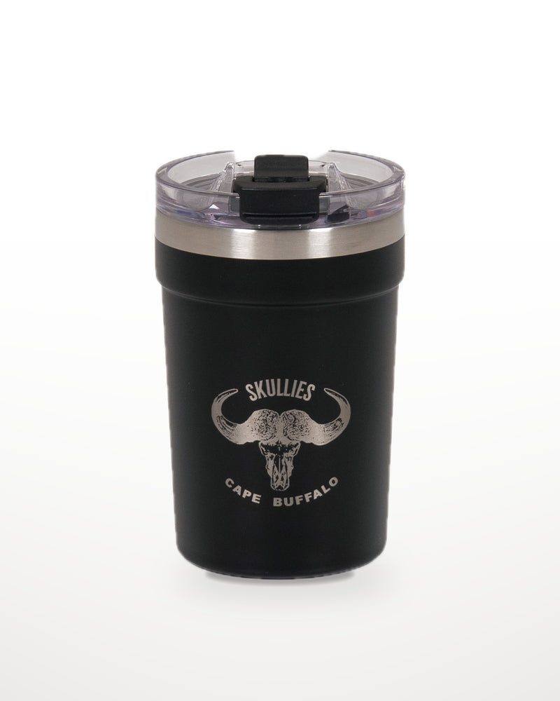 Load image into Gallery viewer, Black Skullies Coffee Cup with engraved Cape Buffalo logo
