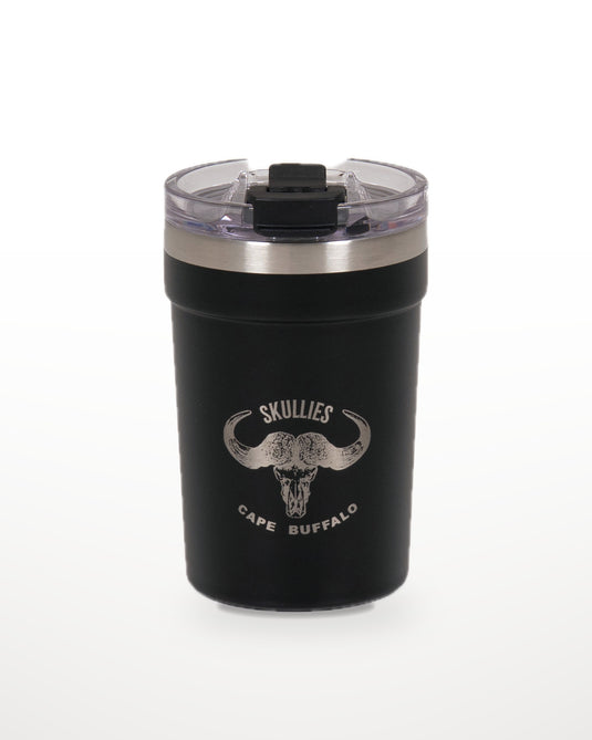Black Skullies Coffee Cup with engraved Cape Buffalo logo
