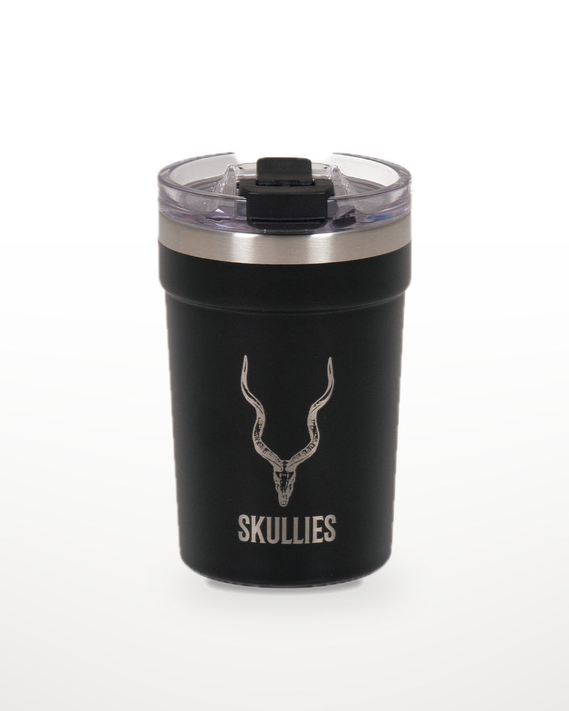 Load image into Gallery viewer, Black Skullies Coffee Cup with engraved Kudu logo
