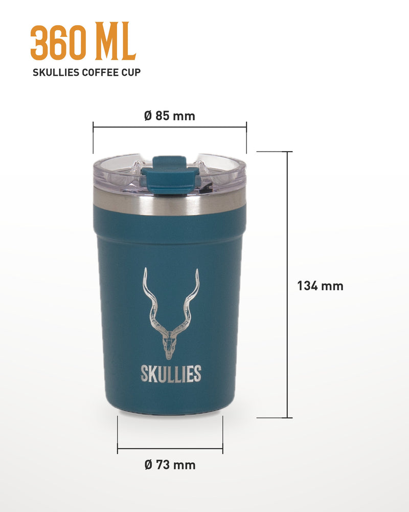Load image into Gallery viewer, Skullies Coffee Cup 360 ml dimensions: 134 mm tall, 85 mm across the lid, 73 mm at the base
