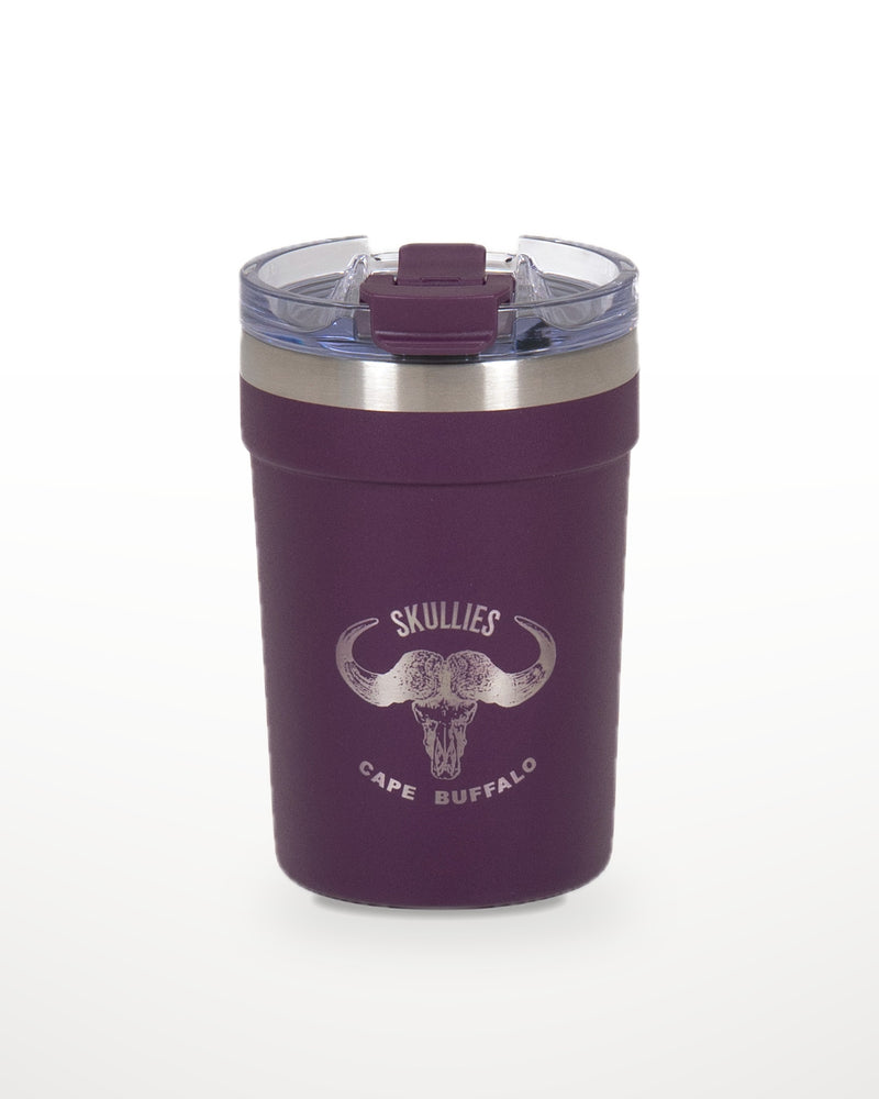 Load image into Gallery viewer, Eggplant Skullies Coffee Cup with engraved Cape Buffalo logo
