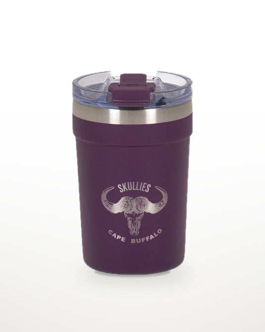 Eggplant Skullies Coffee Cup with engraved Cape Buffalo logo