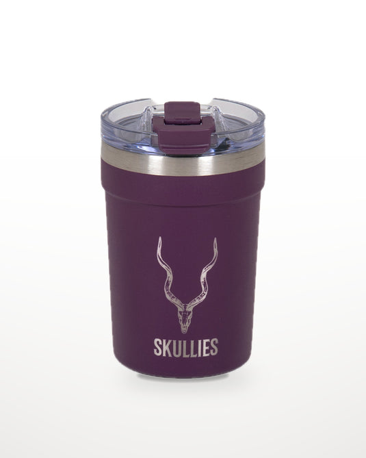 Eggplant Skullies Coffee Cup with engraved Kudu logo