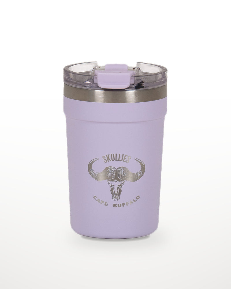Load image into Gallery viewer, Lavender Skullies Coffee Cup with engraved Cape Buffalo logo
