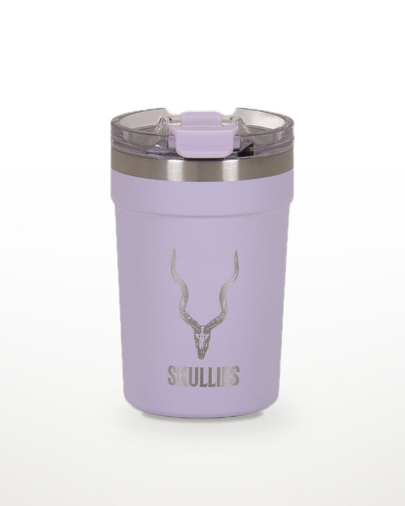 Load image into Gallery viewer, Lavender Skullies Coffee Cup with engraved Kudu logo
