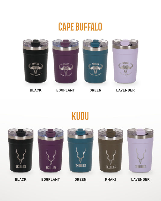 Skullies Coffee Cup in all colours with Cape Buffalo and Kudu engraved logos