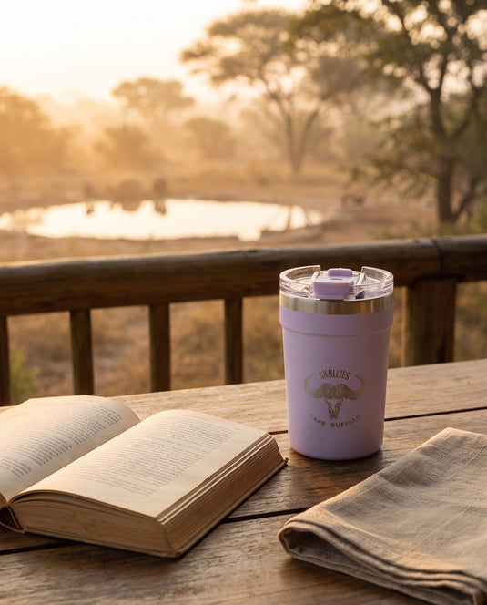 Lavender Cape Buffalo Skullies Coffee Cup on a safari lodge veranda