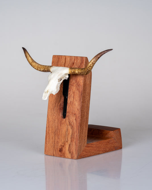 Cellphone Mount rosewood phone stand, three-quarter view showing the wooden cradle ledge