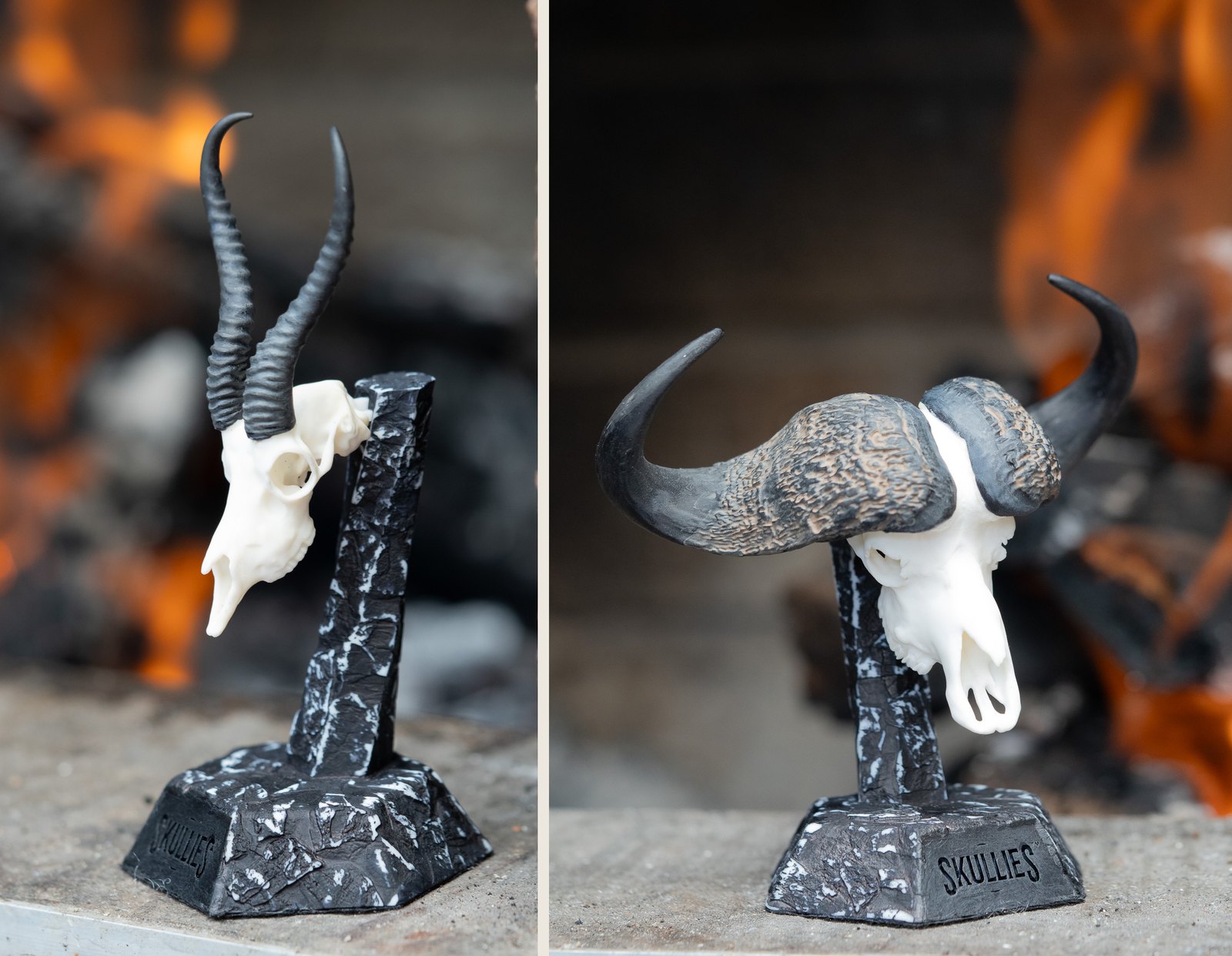 A springbok and a Cape buffalo Skullie, each on a Skullies Display Pedestal, beside a fireplace